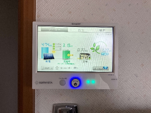 完成後のモニターです。発電した電気は優先的に蓄電池に貯められているのがわかります。売電を減らし蓄電池の電気を有効的に使う自家消費生活が始まります。